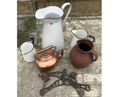 Tall white enamel jug, 40cms h and 2 small jugs, copper kettle, brown pot jug and rise and fall washing line fittings. 