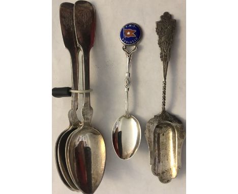 Five German silver spoons marked .800 FRICKE together with an unmarked spoon and a silver and enamel spoon commemorating R.M.