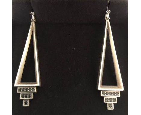 Modern Georg Jenson sterling silver earrings set with black diamonds, Art Deco design in original box. 