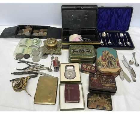 Cash tin, British coinage, 2 x £1 notes, commemorative coins, advertising tins, metal Santa Claus, Napoleon bottle opener, Ro