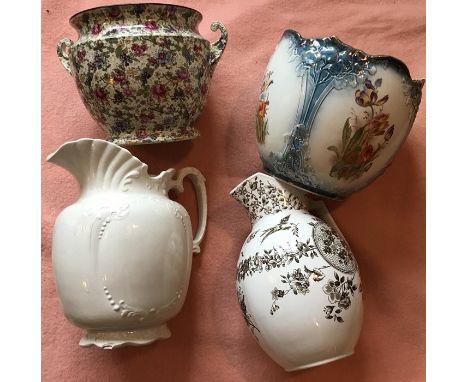 Two ceramic jardinieres, 1 Carltonware 21cms h with two toilet jugs. 