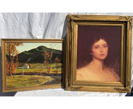 Oil painting on board country scene, P.Dev 64 and a gilt framed print portrait of a young lady, Painting 39 h x 49cms w. Prin
