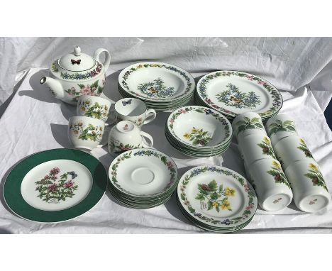 Royal Worcester Herbs pattern tea and dinnerware. Teapot, 4 cups, 5 saucers, 4 side plates, 4 soup bowls, 5 dinner plates 26c