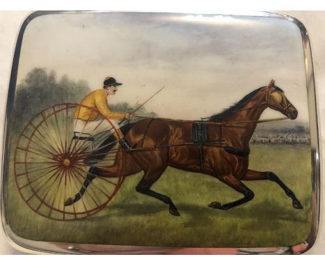 A silver and enamel cigarette case depicting trotting horse to front, John Millward Banks, Birmingham 1891. 109.2gms. 