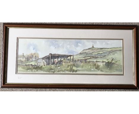 Framed watercolour painting signed Tony Haigh country scene. Stoodley Pike. 18 h x 55cms w. 