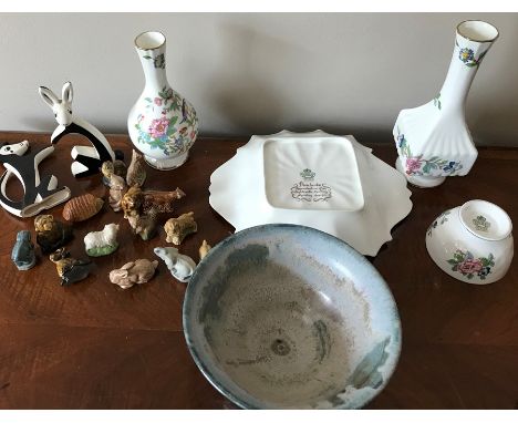 Ceramics to include Aynsley Pembrooke pattern vases and dish, Wade Wimsey's, stylised dog and rabbit figures and a wooden che