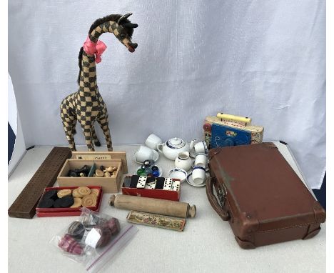 Children's toys, Victorian dolls part tea set and rolling pin, mid century straw filled giraffe, Fisher Price Jack and Jill r