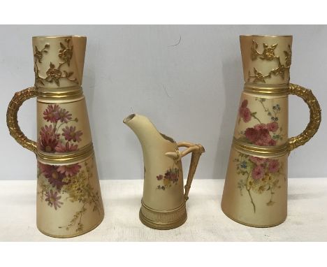 Royal Worcester floral and gilt painted jugs, 1 pair 25cms h, 1 small tusk shape jug 16cms h, light gilt wear, chip to handle