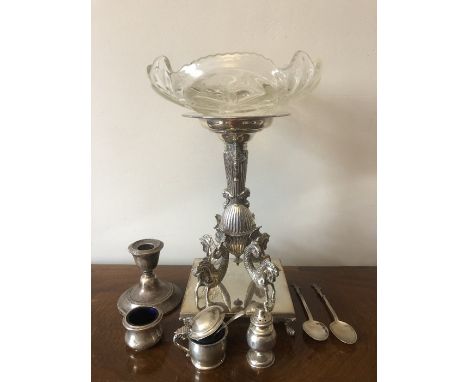 A good quality silver plated stand with associated glass bowl together with various silver including cruets, spoons, weighted