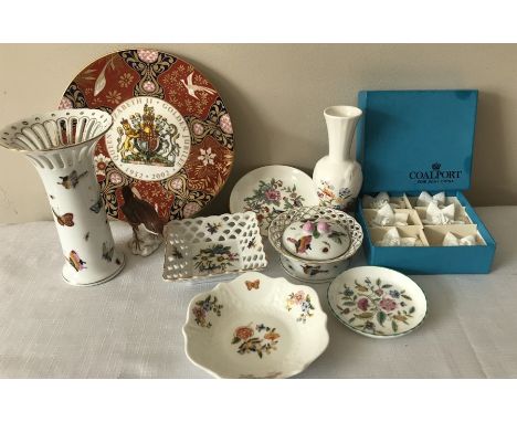 Miscellanious ceramics including Coalport menu holders, Goebel bird, Royal Worcester Queen Elizabeth Golden Jubilee plate min