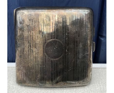 Hallmarked silver cigarette case, engine turned decoration, empty cartouche. Birmingham 1936, 112gms. Condition ReportSlight 