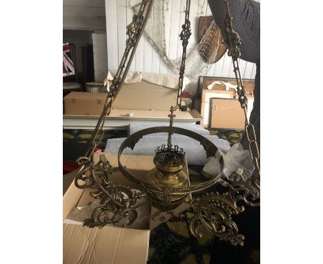 Brass 19thC hanging lamp with funnel and shade. (White glass)