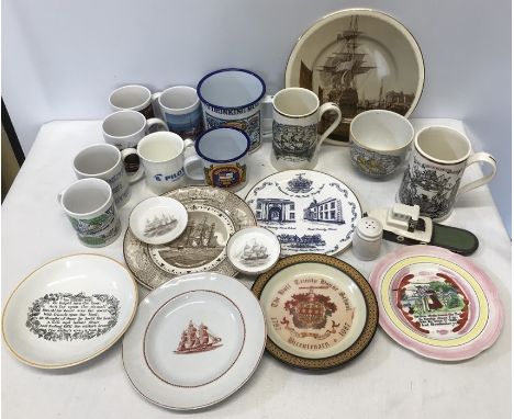 Selection of maritime shipping design pottery decorative plates inc Hull Trinity House, Wedgwood Adams, Crown Devon, Mugs, Or