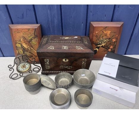 Miscellany to include 19thC rosewood and mother of pearl inlaid tea caddy, vintage metal bun tins, brass case clock, Concorde