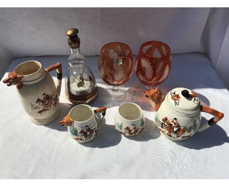 Mixed lot, 2 ILM German crystal glass engraved goblets, 20cms h, amusical decanter tea set and jug with hunting scene decorat