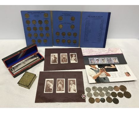 Mint stamps, Diana Princess of Wales, Churchman's cigarette cards x 6 boxers, Hohner super chromatic Harmonica, small tin, Br