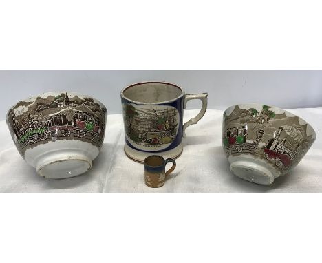 Nineteenth century ceramics, large mug Great Exhibition 1851, hairline cracks to rim, 2 bowls with Stevenson steam train prin