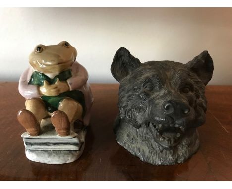 A metal dog inkwell with a Beswick Beatrix Potter Mr Jackson. 