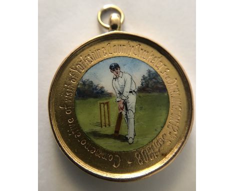 A 15 carat gold and enamel cricket medal Commemorative of Yorkshire County Cricketers to Darlington 18th September 1908. To M