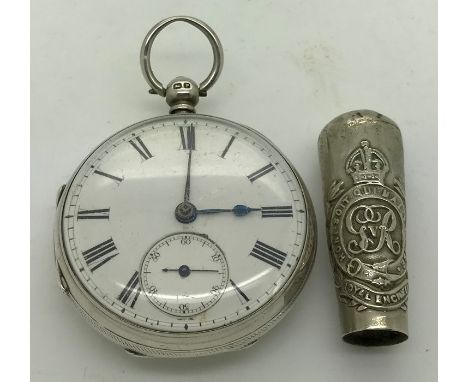 Hallmarked silver pocket watch, London 1910/11 with gold fox design, 99gms total weight together with a WW I George V militar