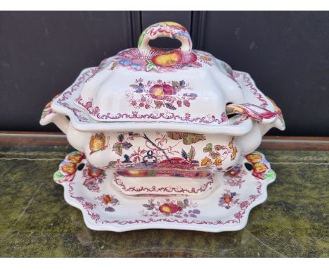 A Mason's 'Fruit Basket' pattern soup tureen, cover, stand, and ladle,&nbsp;37cm wide.&nbsp; 