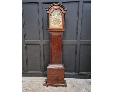 A George III stained oak and pine longcase clock, the 12in brass and silvered dial with rocking ship to arch, inscribed 'Henr