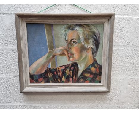 Esther Grainger, head and shoulders portrait of Elvic', inscribed on label verso, oil on board, 44.5 x 55cm. 