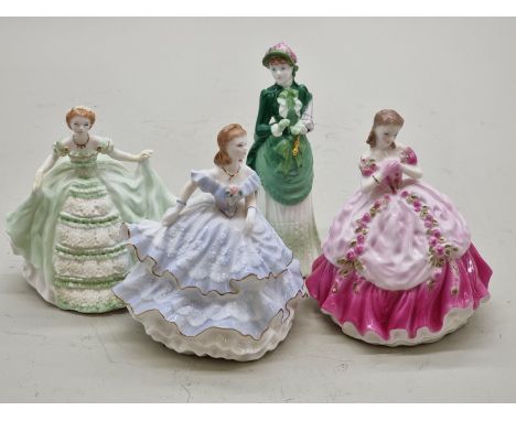 Three Royal Worcester porcelain figures,&nbsp;13cm high; together with a similar Coalport figure, 15cm high.&nbsp; 