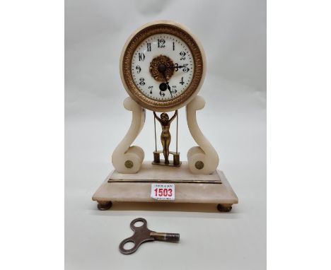 A late 19th century French alabaster portico style timepiece,&nbsp;with novelty brass nude on swing pendulum, attributed to H