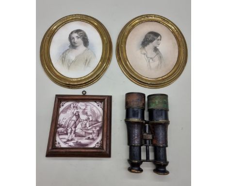 A 18th/19th century Continental manganese tile,&nbsp;in oak frame; together with a pair of brass oval frames; and a pair of f