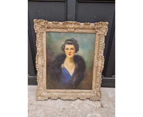 English School, mid 20th century, half length portrait of a lady wearing pearls, indistinctly signed and dated 1946, oil on c