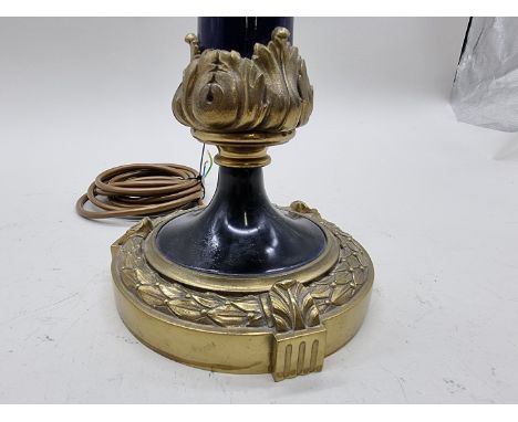 A blue glazed pottery and brass table lamp,&nbsp;total height 53cm, (restoration to socle). 