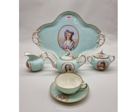 A good late 19th century Sevres style cabaret set, in the Louis XVI manner, each piece finely painted with a cameo portrait, 