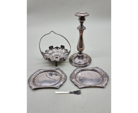 A small group of electroplate,&nbsp;to include a Christofle candlestick, 24.5cm high.&nbsp; 