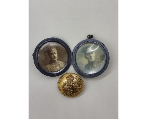 A World War I Royal Army Medical Corps brass button, converted to pin badge with inset portrait photograph of soldier to reve