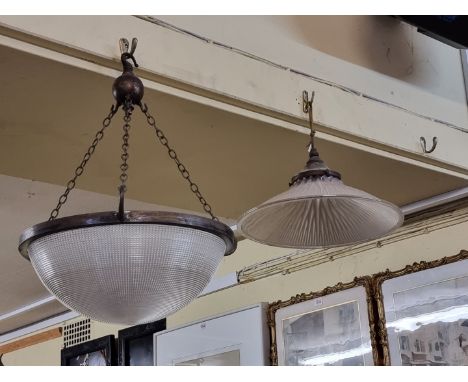 A vintage Holophane ceiling light, 32cm diameter; together with another similar.  