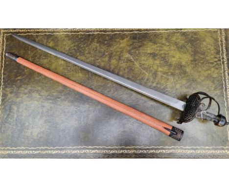 A reproduction basket hilt sword and leather scabbard, with 83cm blade.