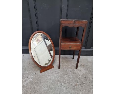 A George III mahogany shaving stand, 82cm high x 34cm wide, together with a large Edwardian mahogany and line inlaid easel ba