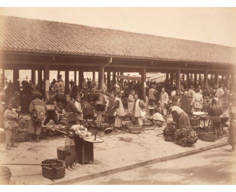 * China. Food market in Shanghai, c. 1870, albumen print, 20.5 x 27 cm, card mount with contemporary inscription in German to