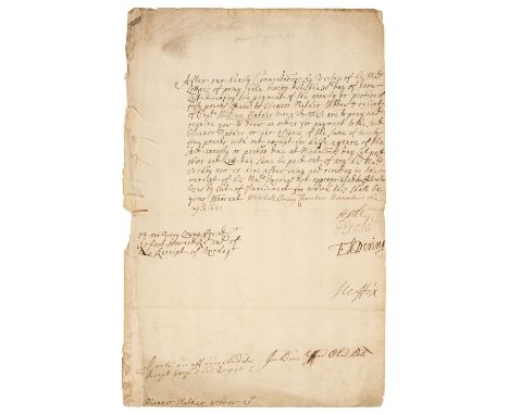 * Hyde (Laurence, 1642-1711), 1st Earl of Rochester, English statesman and writer. Document Signed, 'Hyde', Whitehall, Treasu