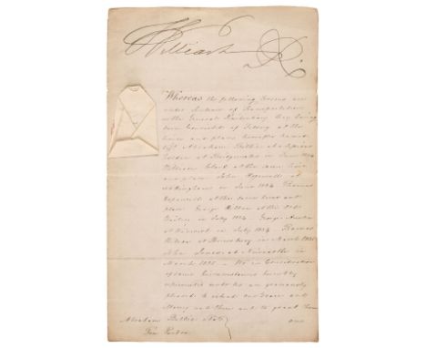 * William IV (1765-1837), King of the United Kingdom of Great Britain &amp; Ireland, 1830-1837. Document Signed, 'William R',