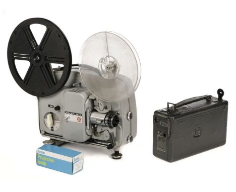 * Cine Camera and Projector. Bolex Paillard 18-5 Super 8mm projector from the 1960s with mains cable, spare reel and spare bu