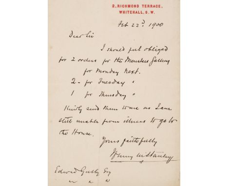 * Stanley (Henry Morton, 1841-1904), Welsh-American explorer, journalist, author and politician. Autograph Letter Signed, 'He