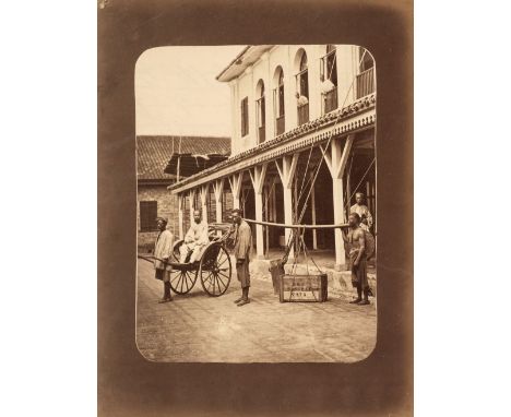 * China. Chinese rickshaw and pack carriers, by William Saunders, c. 1870, albumen print, 27 x 20.5 cm, card mount with conte