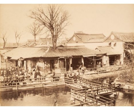 * China. Zig Zag Bridge in front of Woo Sing Ding Tea House, Shanghai, c. 1870, albumen print, 20.5 x 27 cm, card mount with 