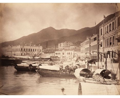 * Hong Kong. Three albumen print photographs, c. 1870, The Bund, Hong Kong Harbour, Victoria Peak and Chinese houses in Hong 