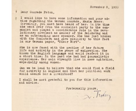 * Trotsky (Leon, 1879-1940), Russian revolutionary, Soviet politician, journalist, and political theorist. Typed Letter Signe