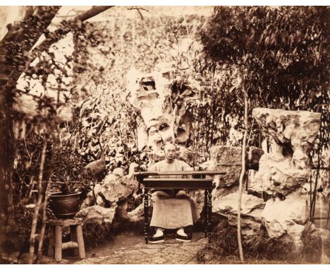 * China. A group of 3 albumen print photographs, c. 1870, Wedding procession, by William Saunders, 20.5 x 24 cm; Garden of a 