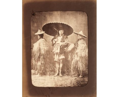 * China. Two albumen print photographs, c. 1870, Chinese Coolies in their rainy weather costume [and] Chinese Travellers, bot
