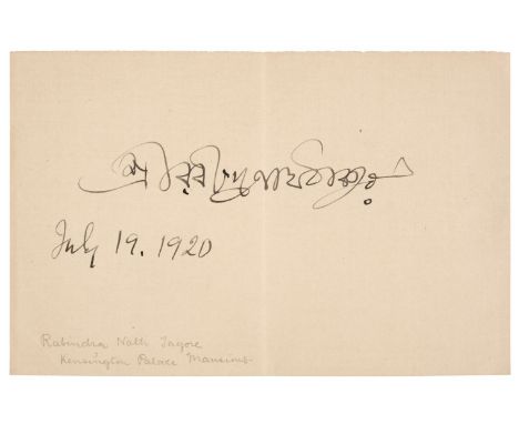 * Tagore (Rabindranath, 1861-1941), Indian poet, Nobel Prize winner for Literature, 1913. Autograph Ink Signature on an off-w